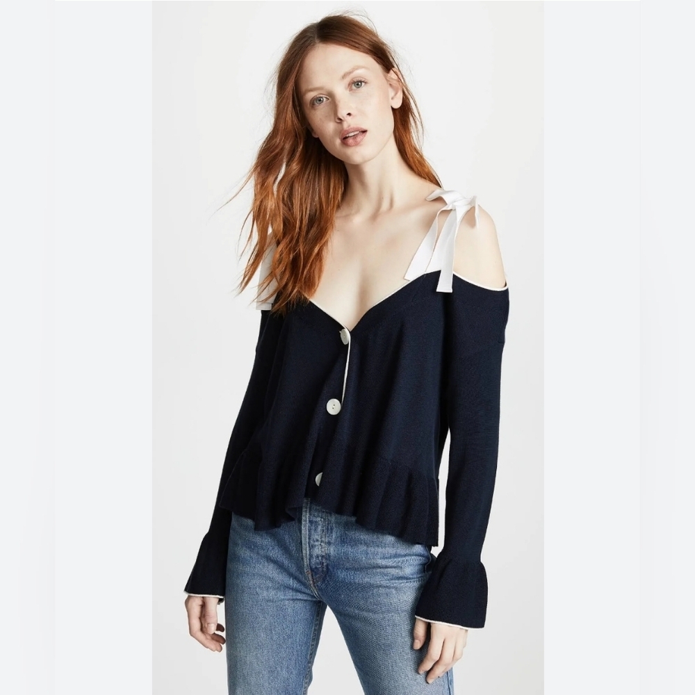 Cinq A Sept Colby Silk Cashmere Cold Shoulder Ribbon Cardigan Navy Ivory Size XS